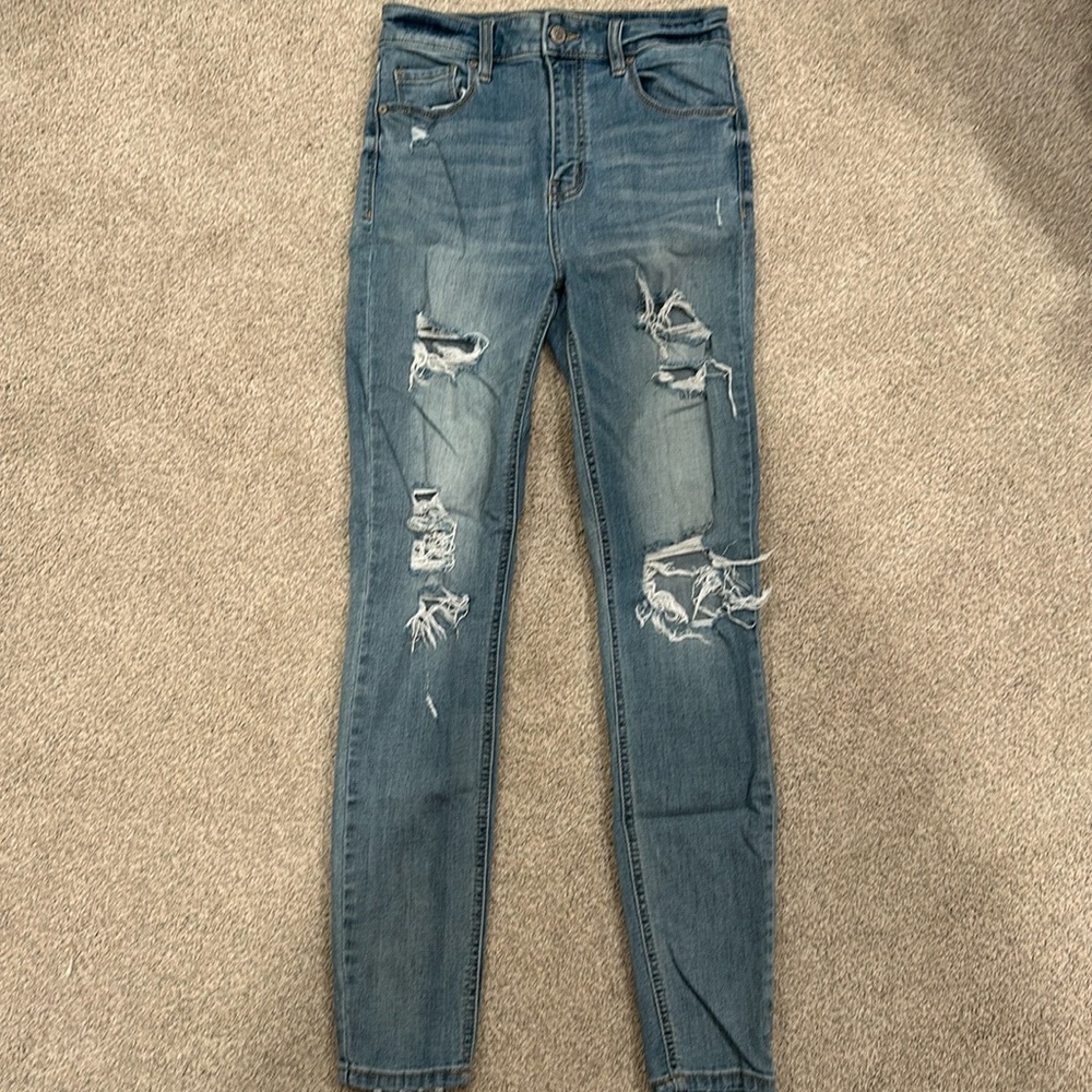 Eunina Ripped Skinny Jeans, Super High Rise, Size 3, Lighter Wash